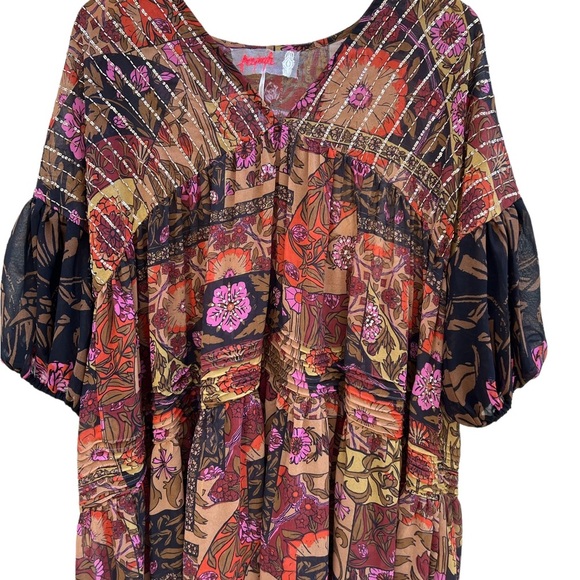 Free People Too Much To Dream Brown Pink Floral Tiered Beads Maxi NWT Size XS - Picture 8 of 14